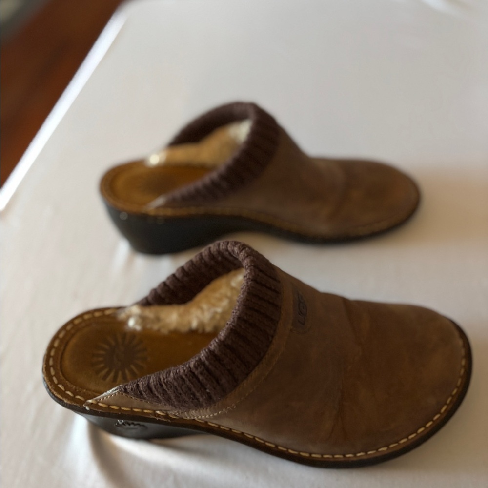 UGG Brown Leather Clog Mules with Knit Collar - Picture 7 of 7